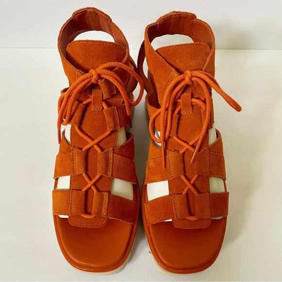 Sorel Joanie III Lace Up Wedge Sandals Orange Suede 70s Style Women’s 11 - Picture 3 of 16